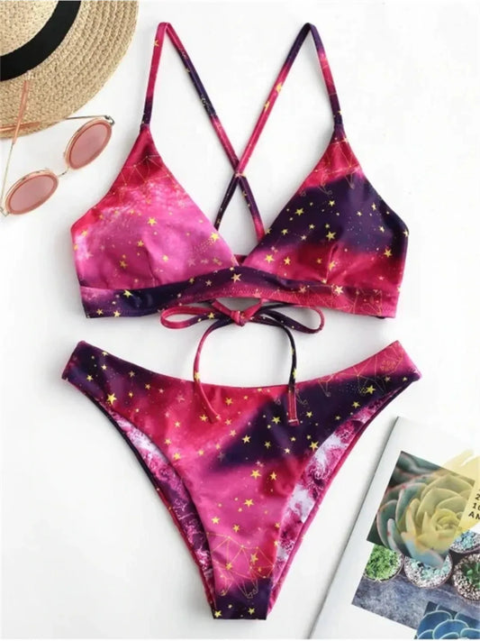Starry Sky Print Reversible Bikini Set for Women