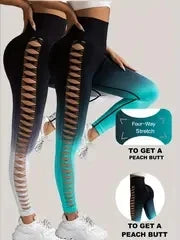 2 Pack US Local Women’s Gradient Hollow Out Yoga Pants High Waisted Tummy Control Buttocks Lift Athletic Leggings