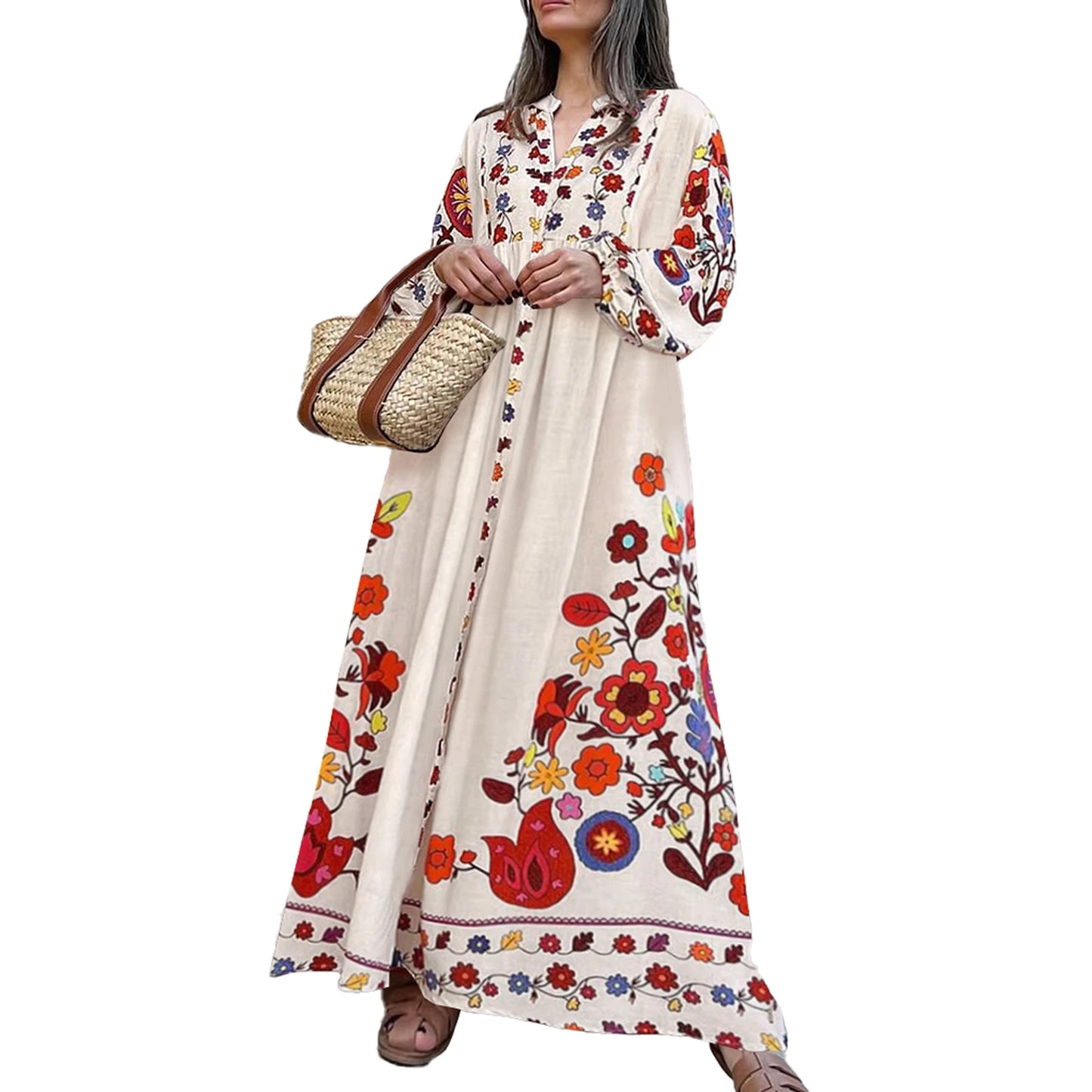 Women's Floral Print V-Neck Maxi Dress for Casual Style