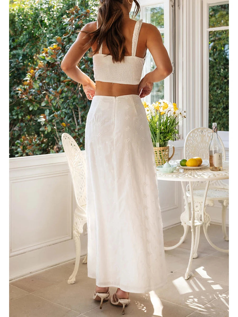 Women’s Summer  Set Embroidered Flower Sleeveless Cami Tops High Waist Black Bows Zipper Long Skirt 2 Pieces Set