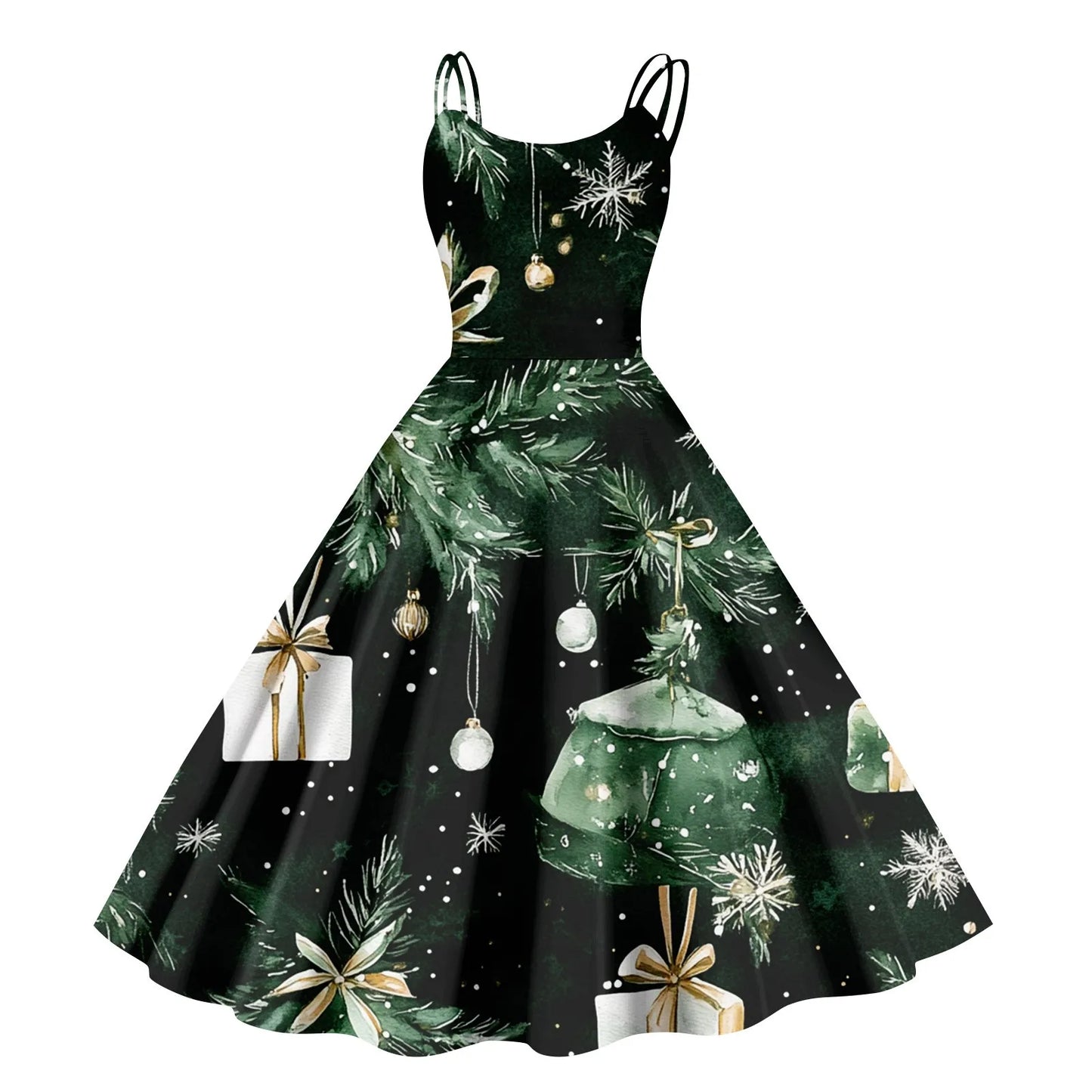 Vintage Santa Print Off Shoulder Christmas Party Dress for Women