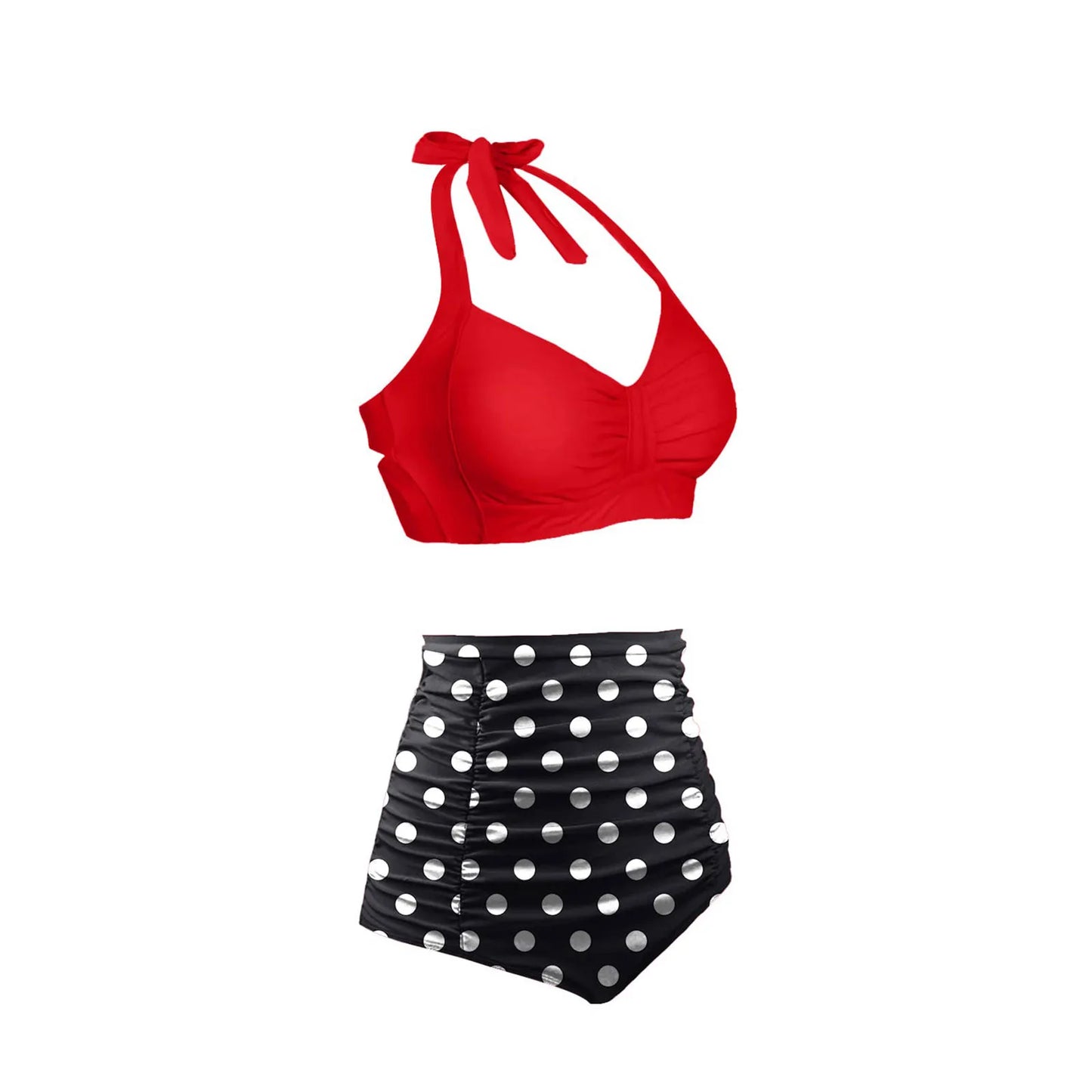 Halter Women High Waisted Swimsuit Polka Dot Sexy Push Up Two Piece Swimwear Retro Ruched Print Bikini Set