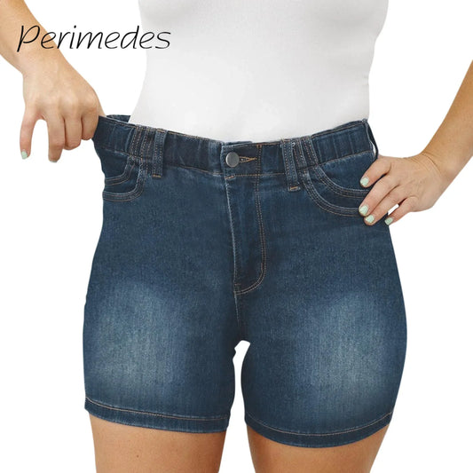 High Waist Casual Denim Shorts with Double Pockets for Women