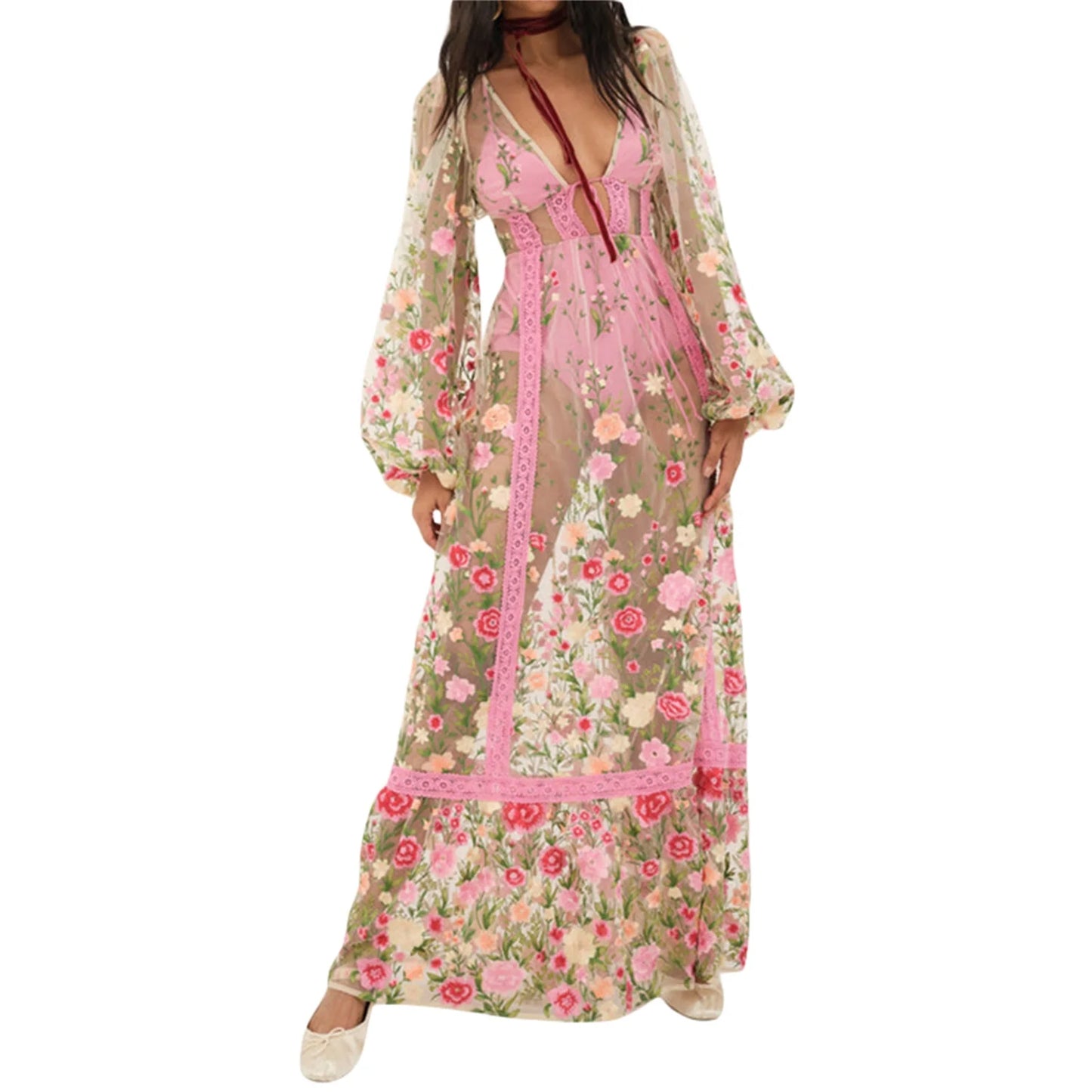 Women's Summer Floral Beach Dress with Long Sleeves and V Neck