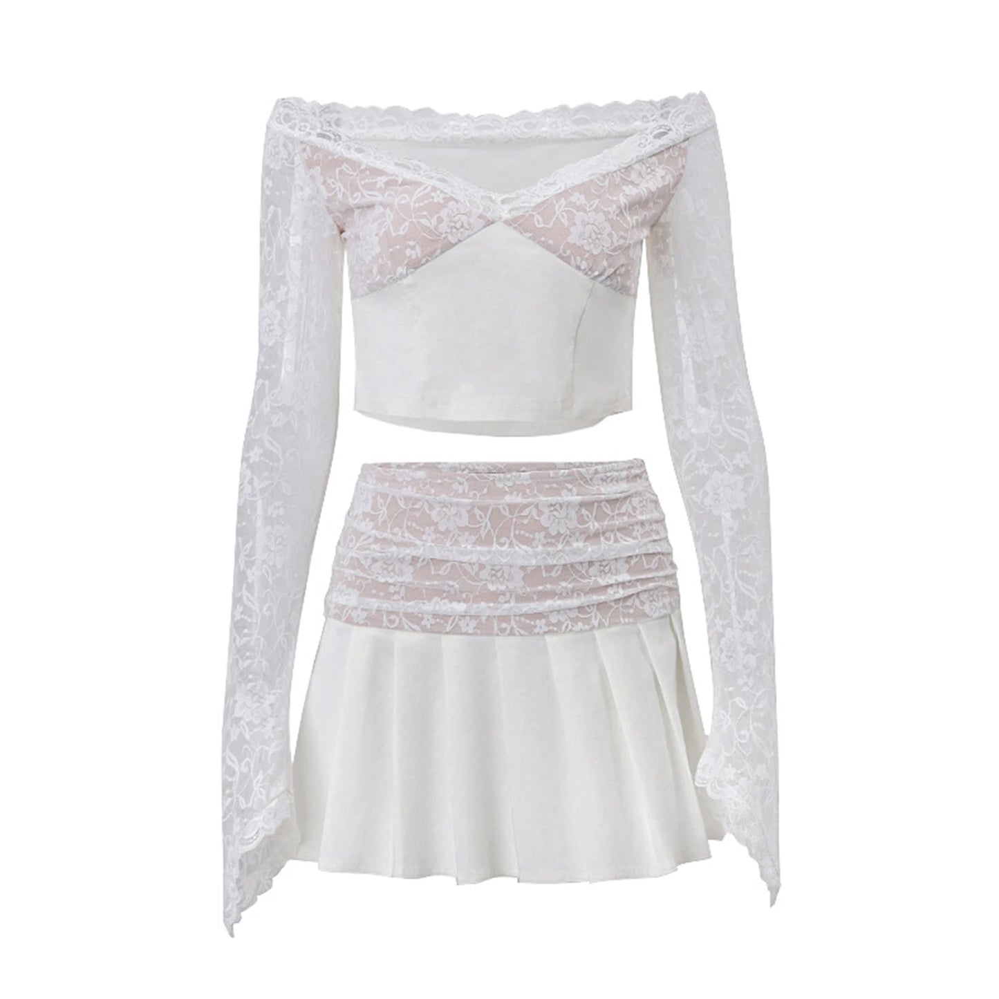 Women s 2 Piece Skirt Outfits Long Sleeve Off Shoulder Tops Mini Lace Floral Skirt Set