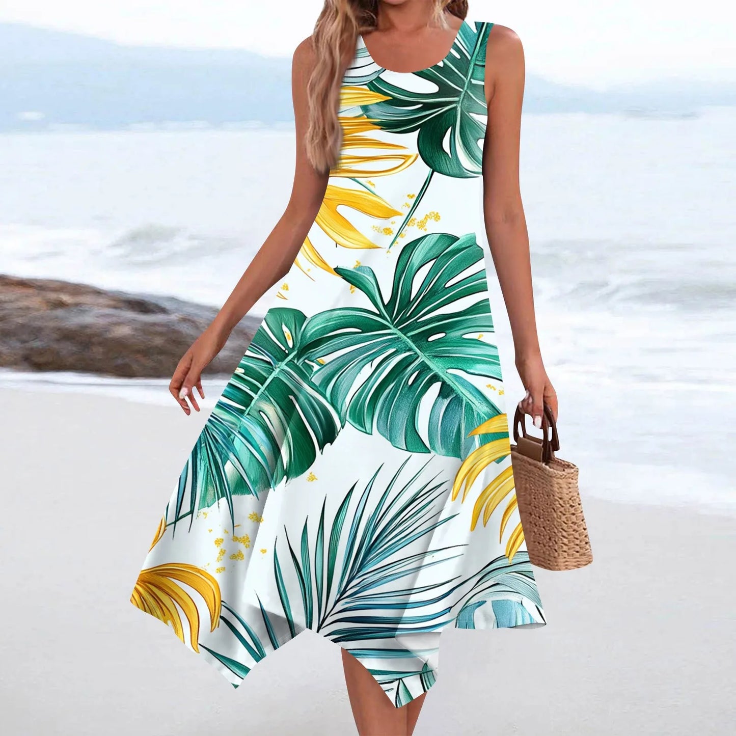 Floral Elegant Women's Casual Fashion Round Neck Sleeveless Print Irregular Hem Midi Dress Female Beach Vestidos Longos