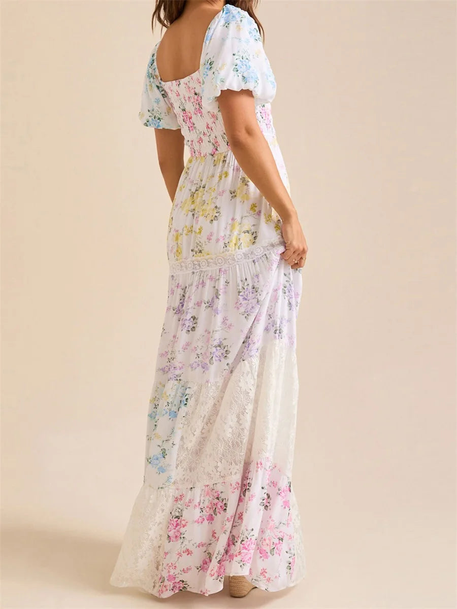Elegant Floral Print Short Sleeve A-Line Dress with Ruffled Hem for Women Perfect for Cocktail Parties and Streetwear Fashion
