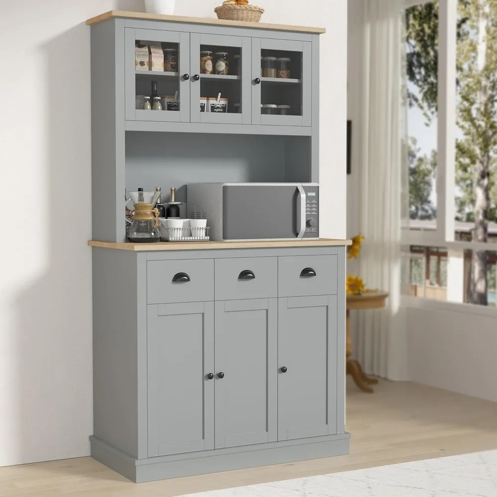 Freestanding Tall Kitchen Cupboard with Microwave Shelf and Drawers