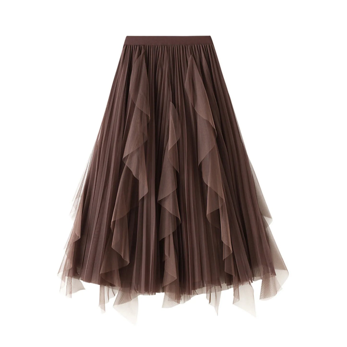 Ladies High Waist Ruffle Tulle Midi Skirt for Summer