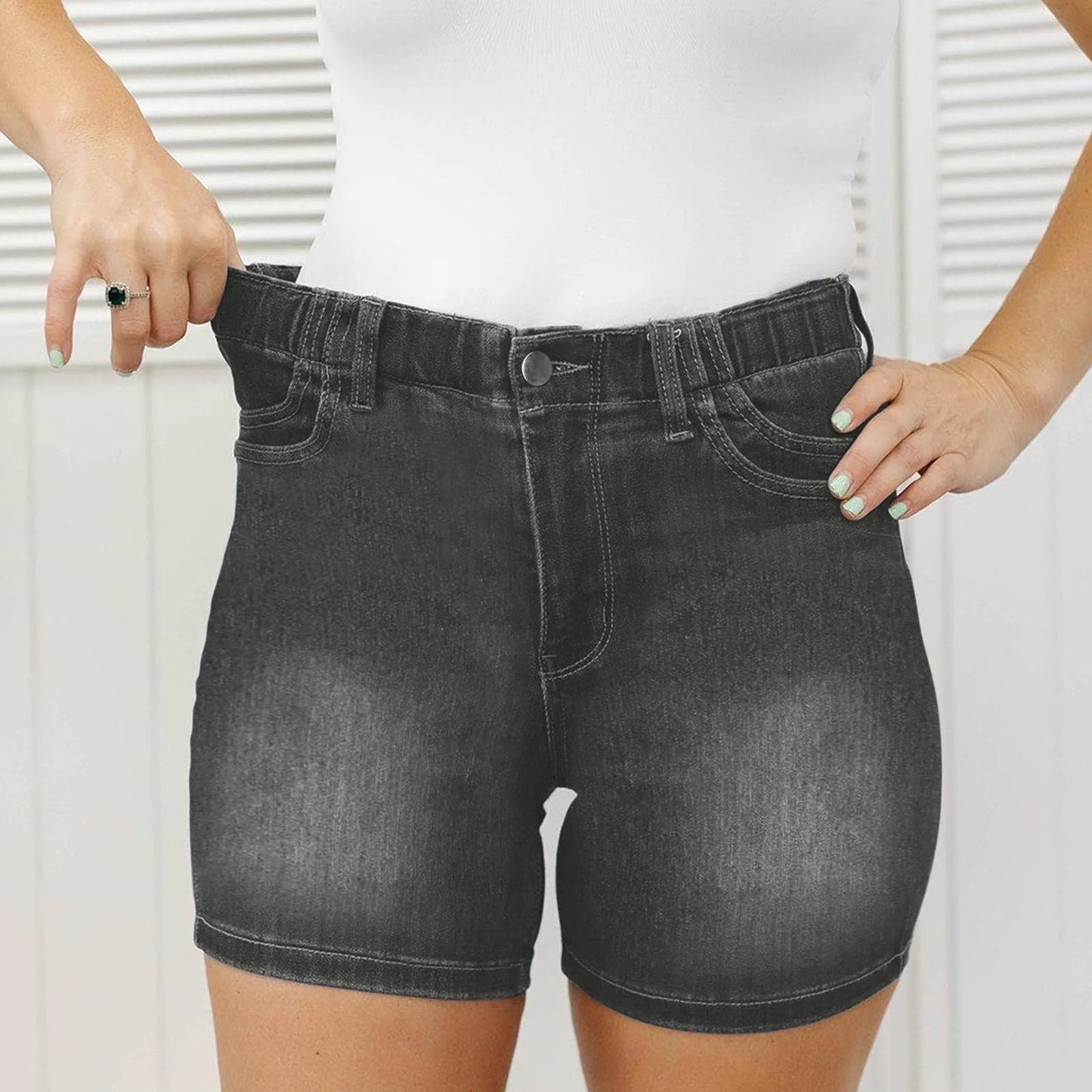 High Waist Casual Denim Shorts with Double Pockets for Women