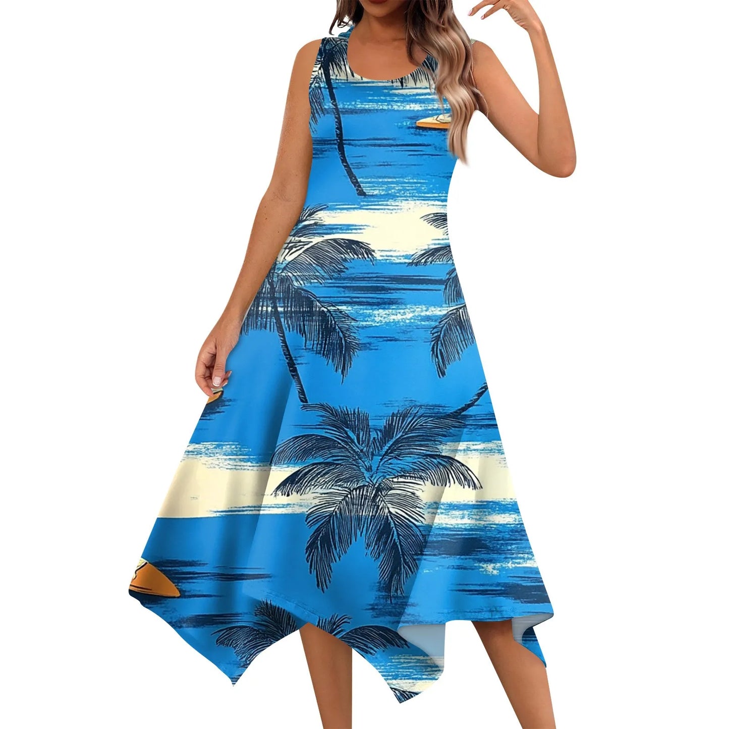 Floral Elegant Women's Casual Fashion Round Neck Sleeveless Print Irregular Hem Midi Dress Female Beach Vestidos Longos