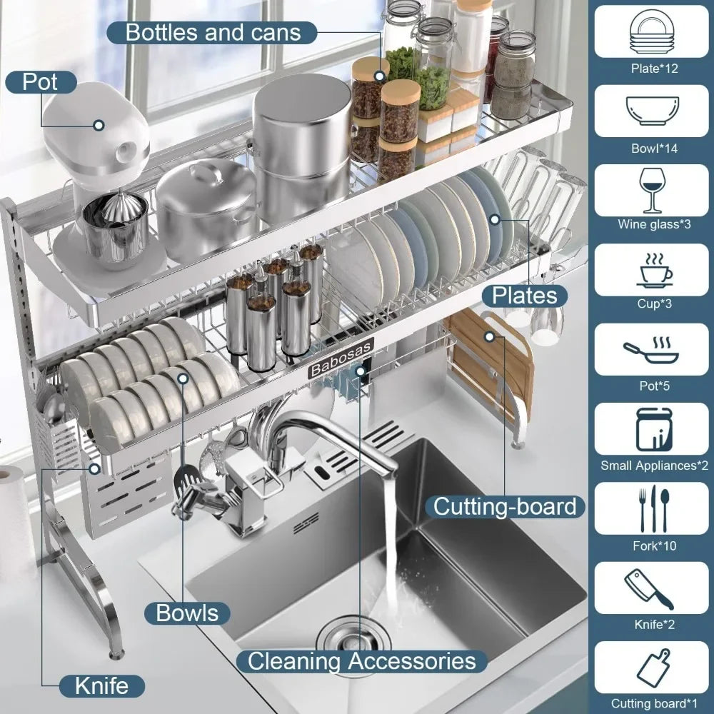 Over The Sink Stainless Steel Dish Drying Rack With Storage