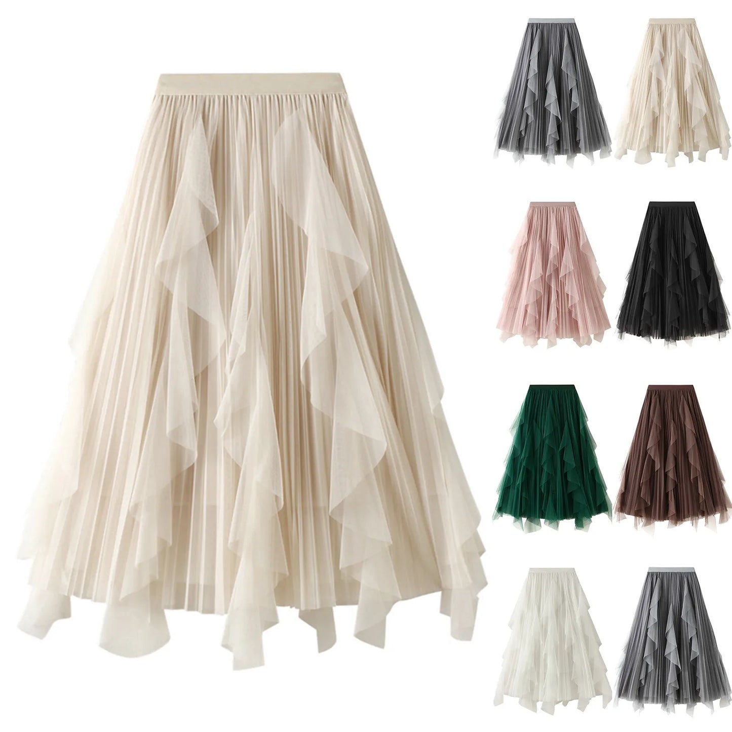 Ladies High Waist Ruffle Tulle Midi Skirt for Summer