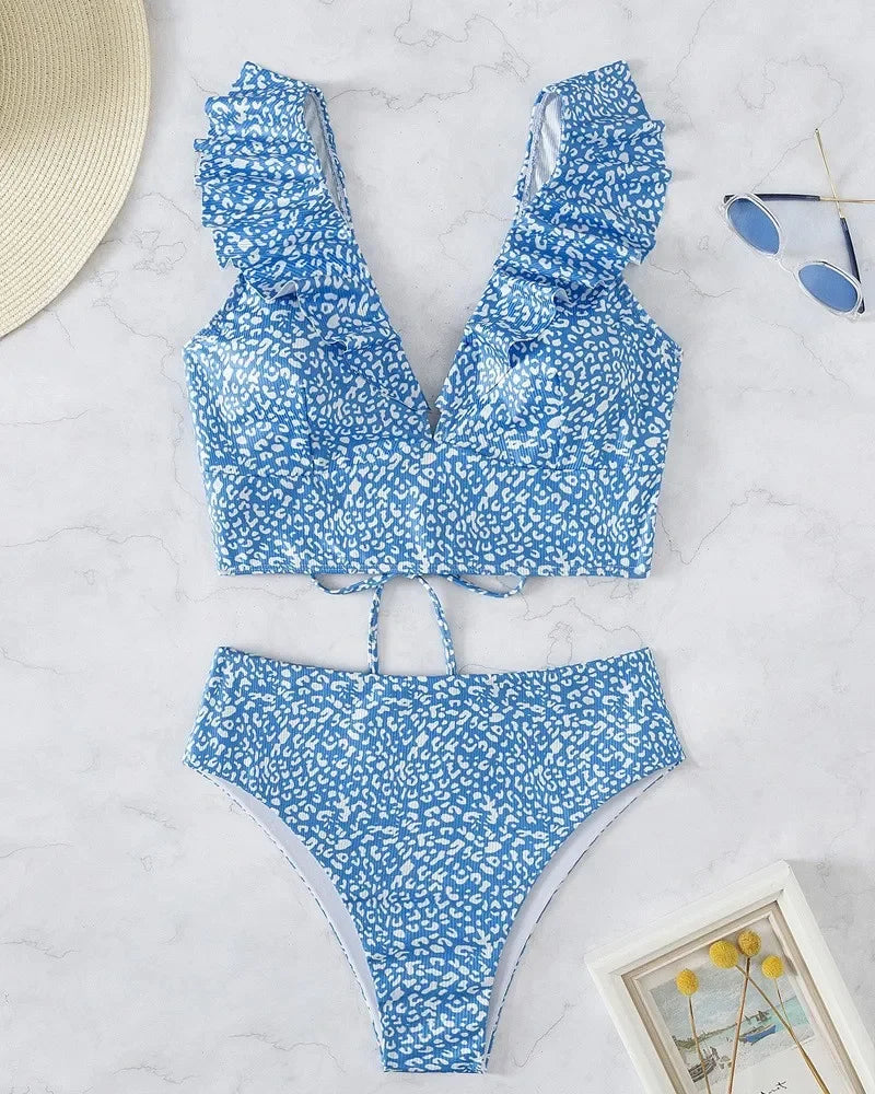 Solid Color Sexy V-neck Ruffle Bikini 2024 Women 2 Piece Swimwear Push Up Padded High Waist Swimsuit Summer Beach Bathing Suit