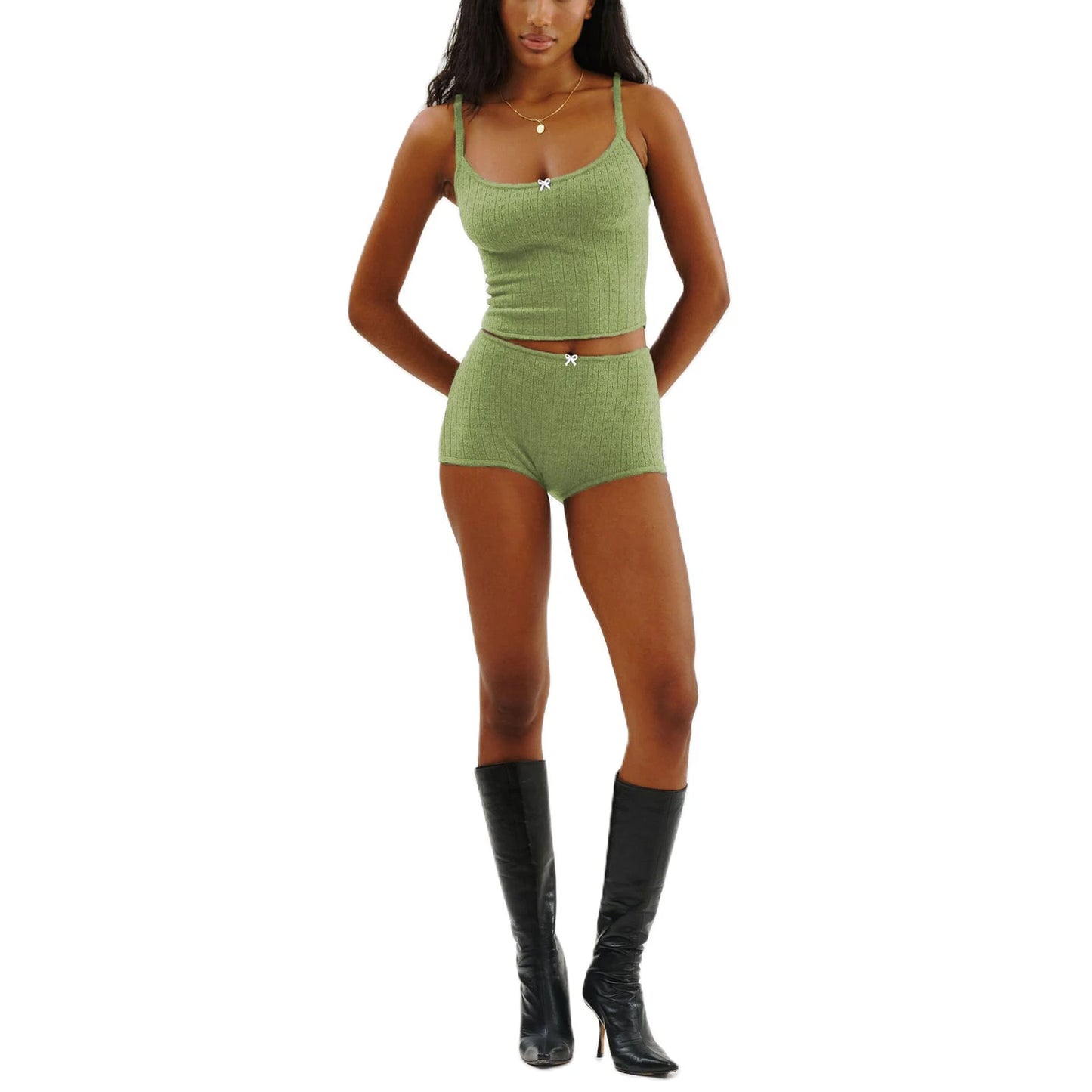 Women’s Bow Sleeveless Camisole and Elastic Shorts Pajama Set