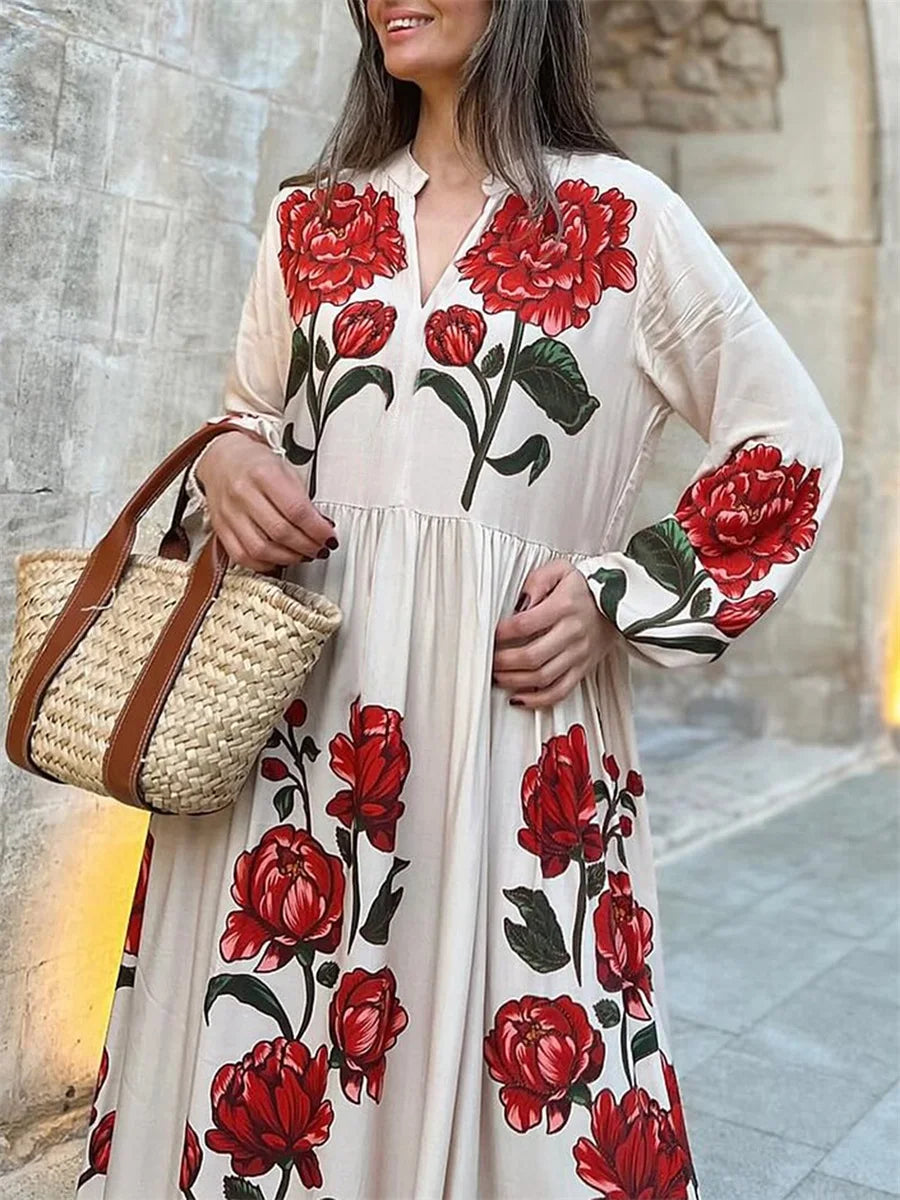 Women's Floral Print V-Neck Maxi Dress for Casual Style