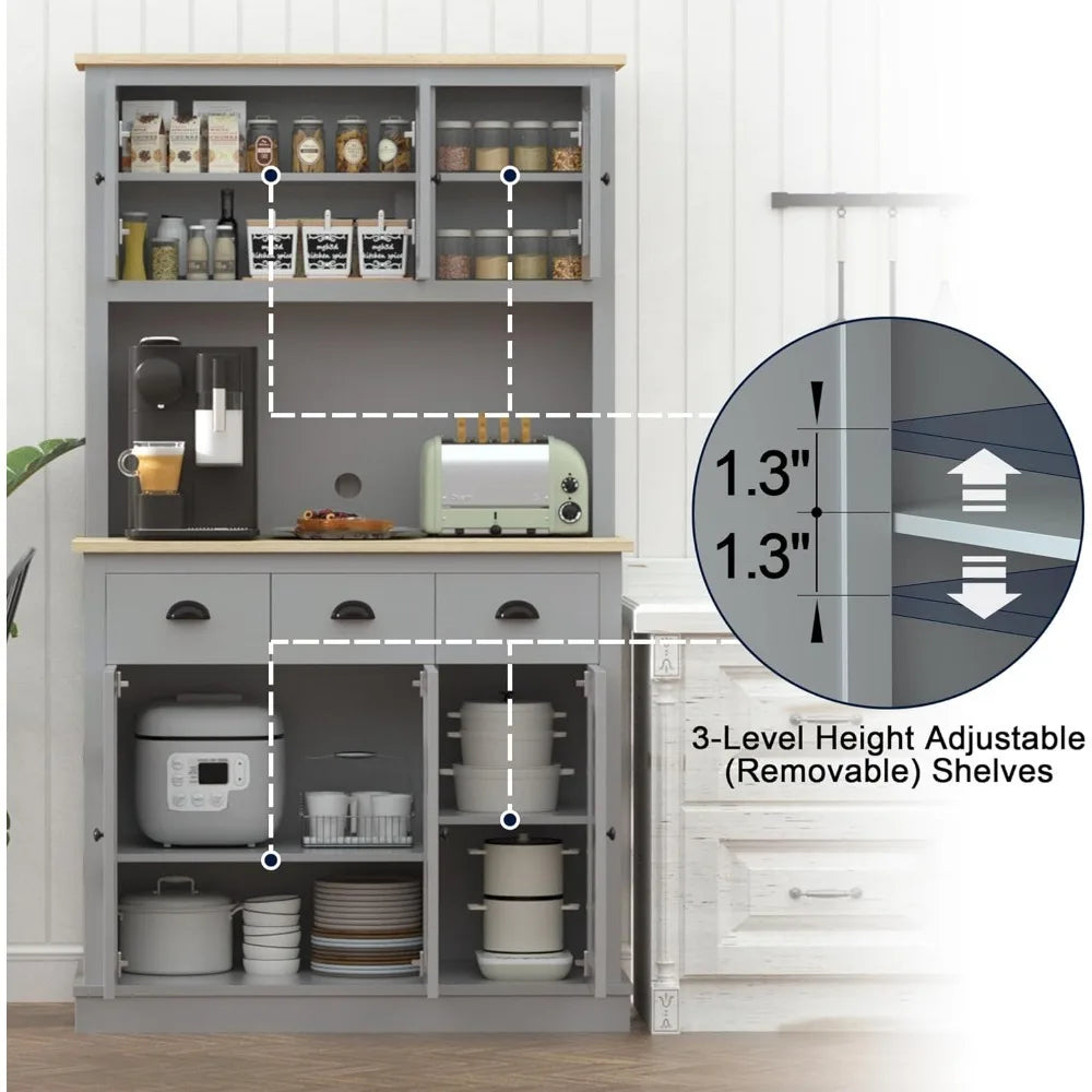 Freestanding Tall Kitchen Cupboard with Microwave Shelf and Drawers