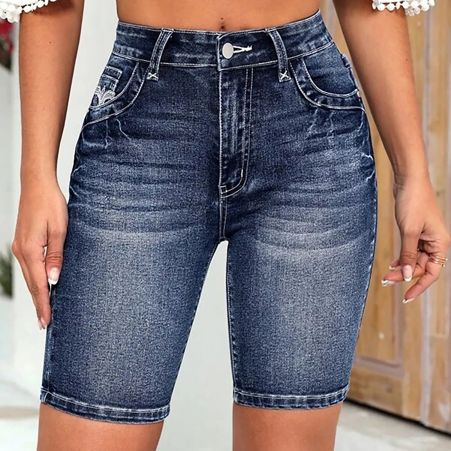 Blue Slim Fit Bermuda Denim Shorts, Single-Breasted Button Whiskered Denim Shorts, Women'S Denim Jeans & Clothing