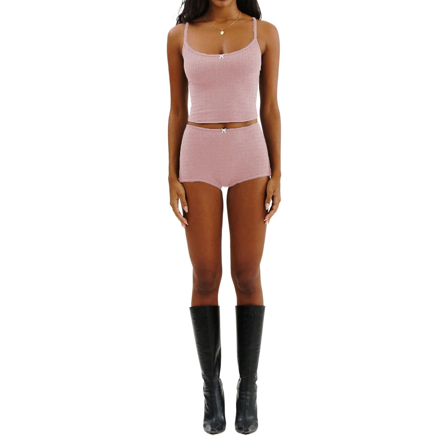 Women’s Bow Sleeveless Camisole and Elastic Shorts Pajama Set