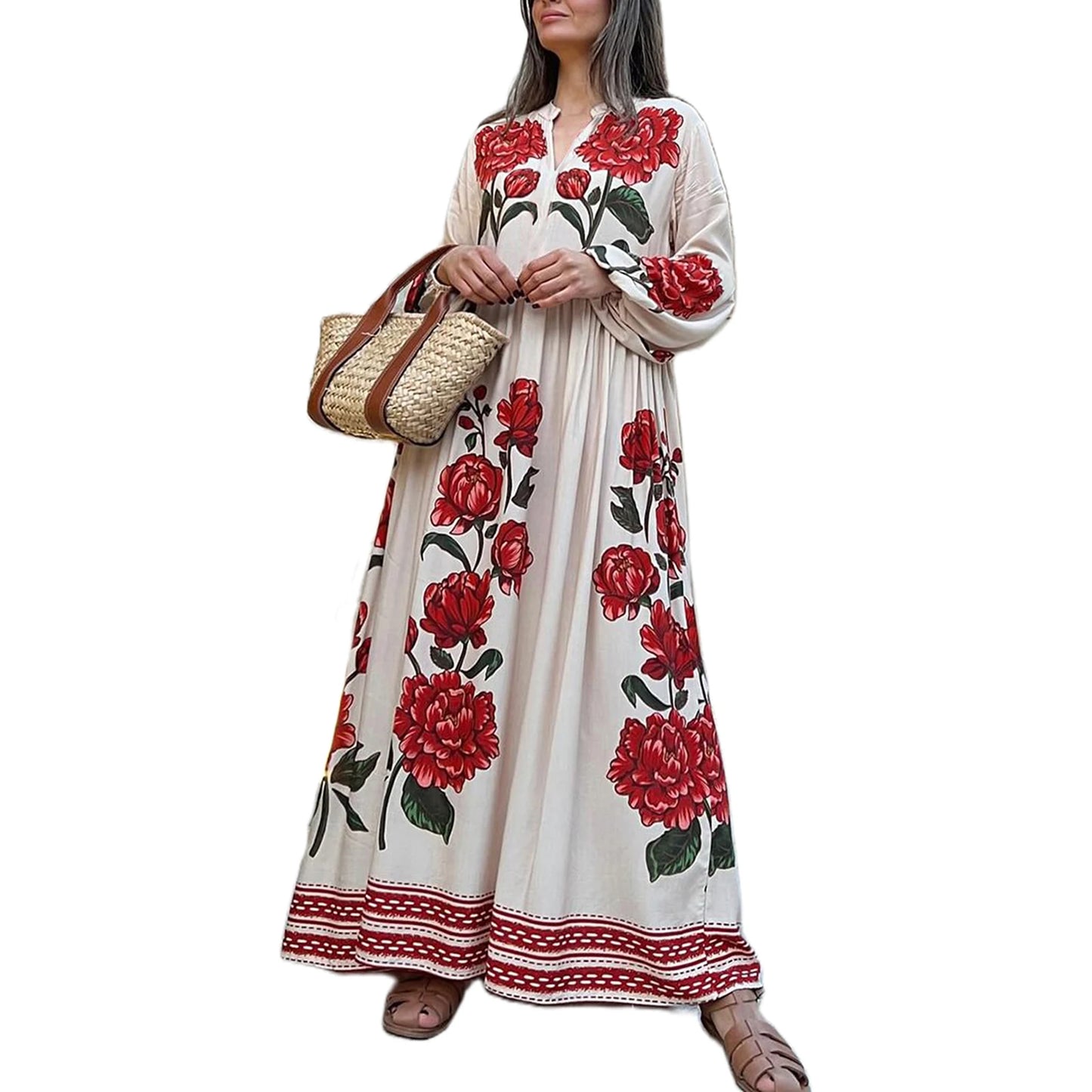 Elegant Floral Print V-Neck Maxi Dress for Casual Fall Style