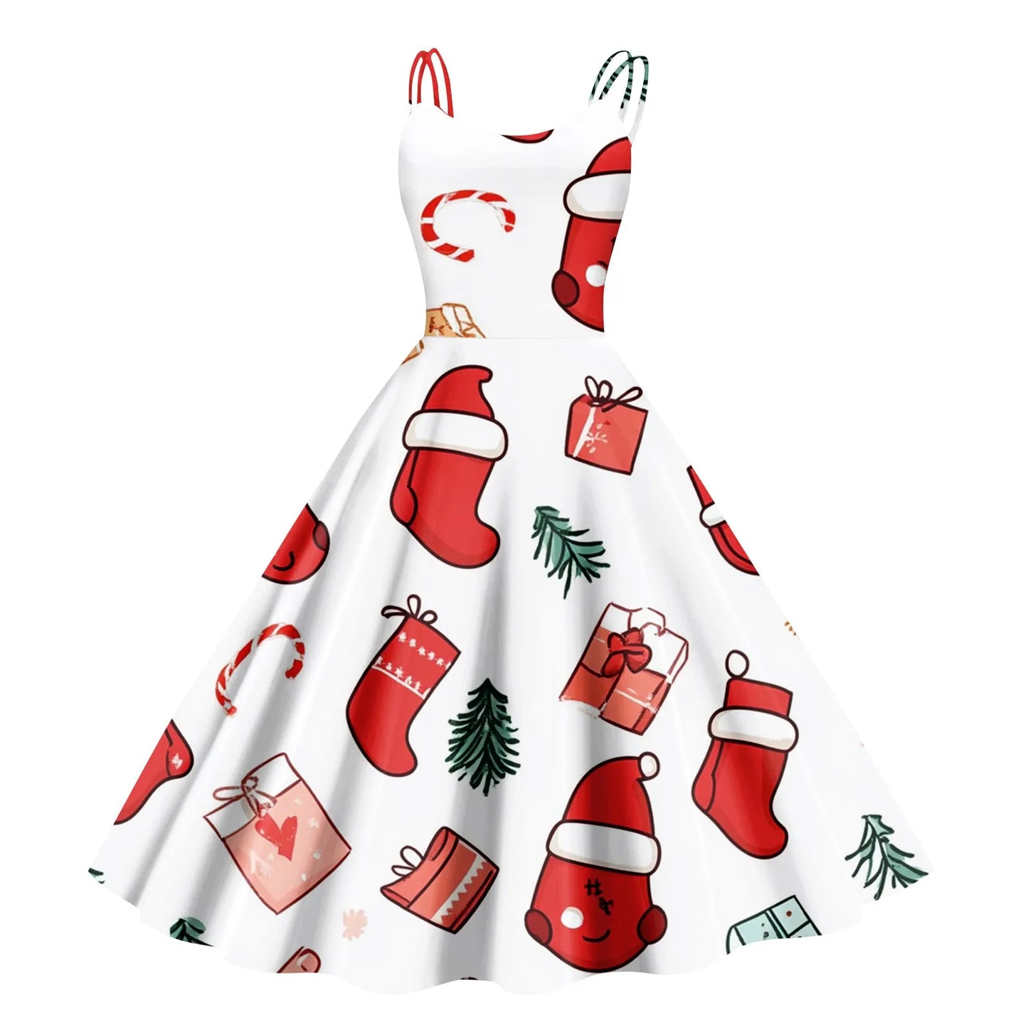 Vintage Santa Print Off Shoulder Christmas Party Dress for Women