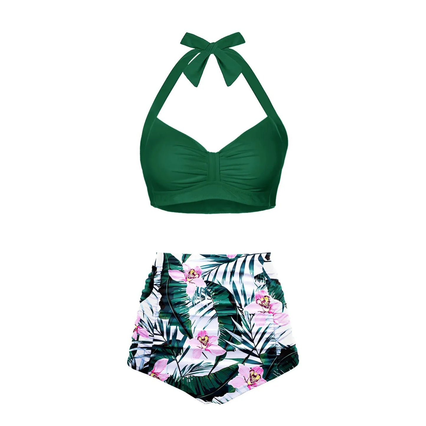 Halter Women High Waisted Swimsuit Polka Dot Sexy Push Up Two Piece Swimwear Retro Ruched Print Bikini Set