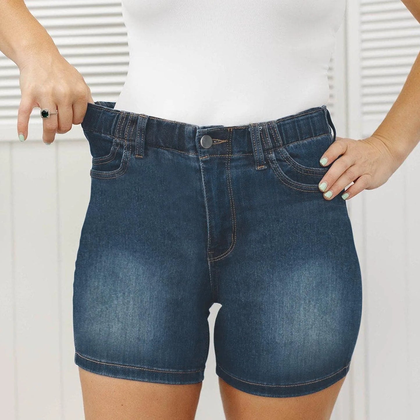 High Waist Casual Denim Shorts with Double Pockets for Women
