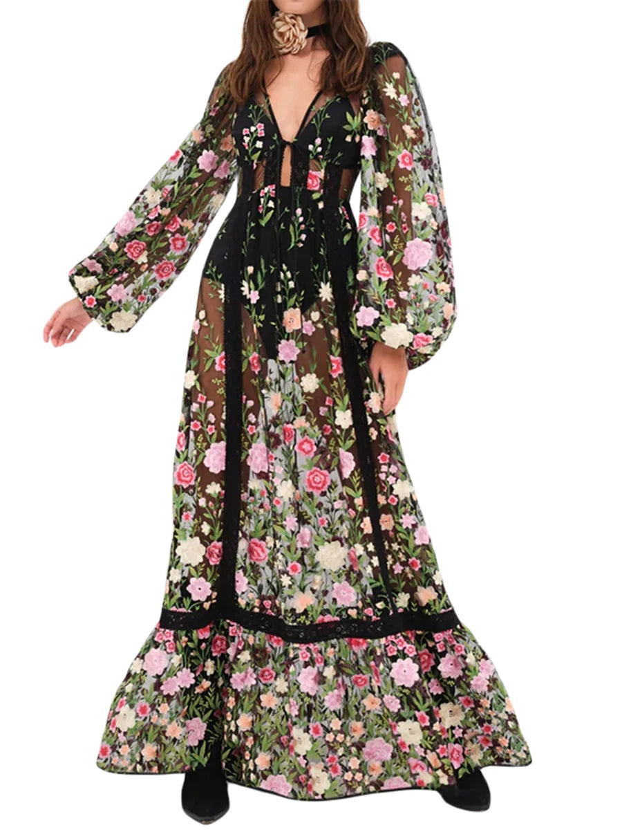 Women's Summer Floral Beach Dress with Long Sleeves and V Neck