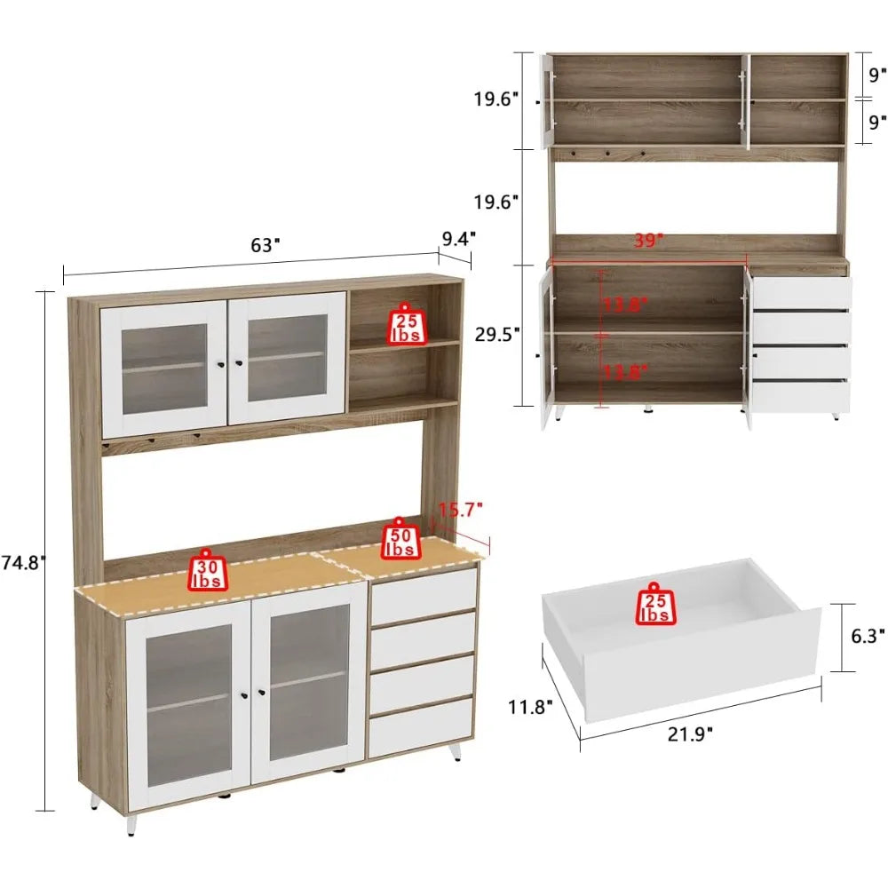 Elegant Kitchen Hutch Cabinet with Glass Doors and Drawers