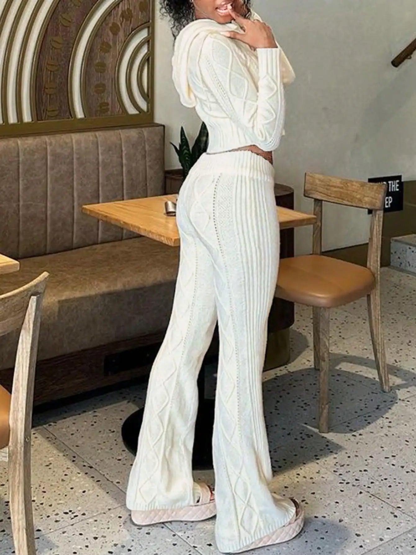 Women's Knit Hooded Zipper Cardigan Set - Sexy High-Waisted Trousers Two-Piece Fashion Outfit