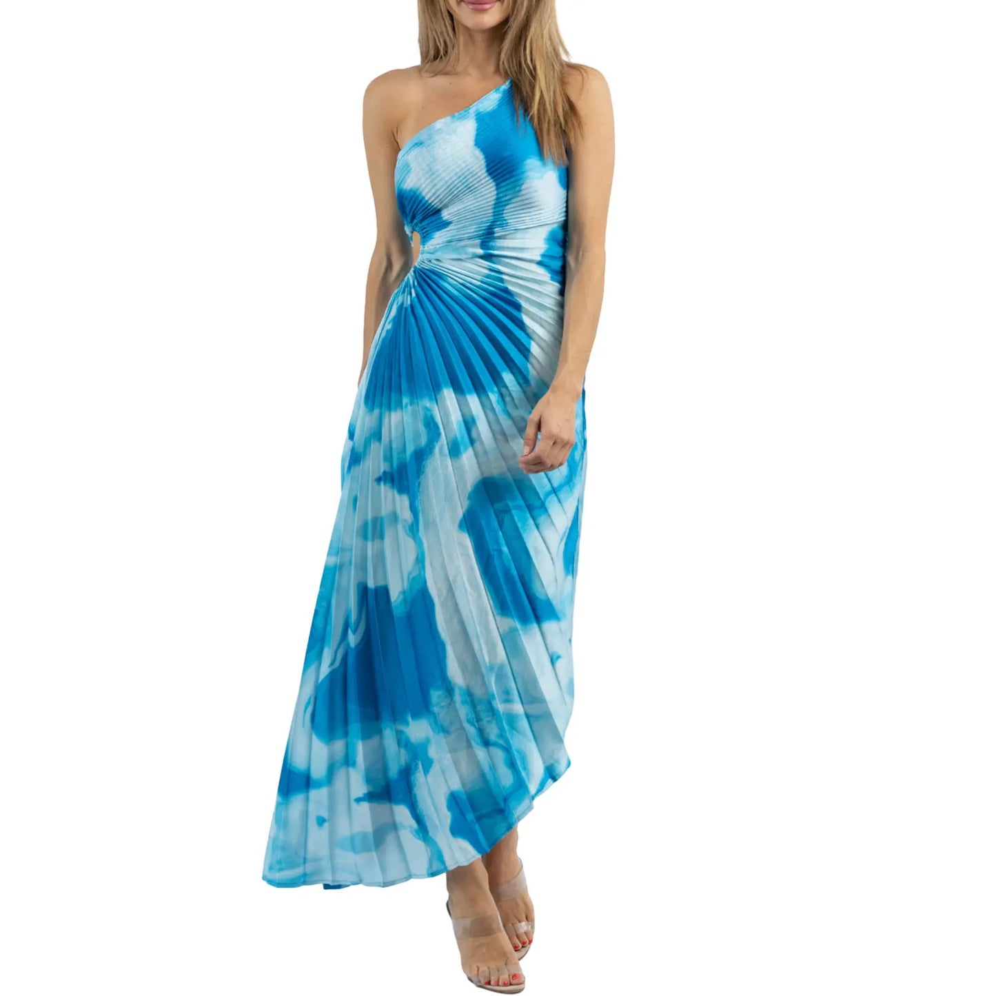 Women Long Dress Sleeveless One-shoulder Pleated Hollowed Tie-dye Print Summer Swing Dress Vacation Dress