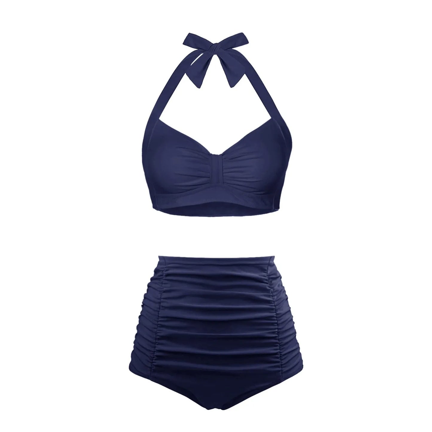 Halter Women High Waisted Swimsuit Polka Dot Sexy Push Up Two Piece Swimwear Retro Ruched Print Bikini Set
