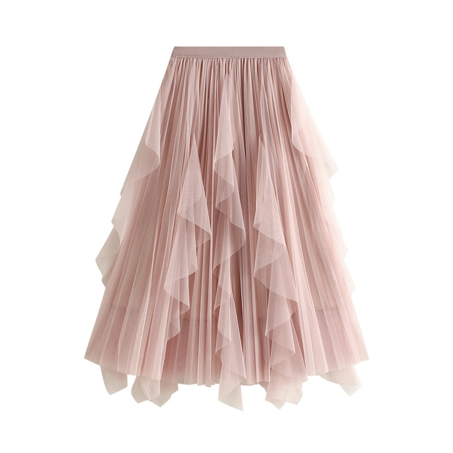 Ladies High Waist Ruffle Tulle Midi Skirt for Summer