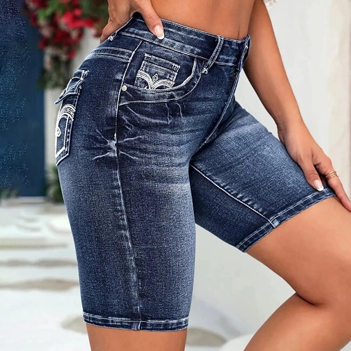 Blue Slim Fit Bermuda Denim Shorts, Single-Breasted Button Whiskered Denim Shorts, Women'S Denim Jeans & Clothing