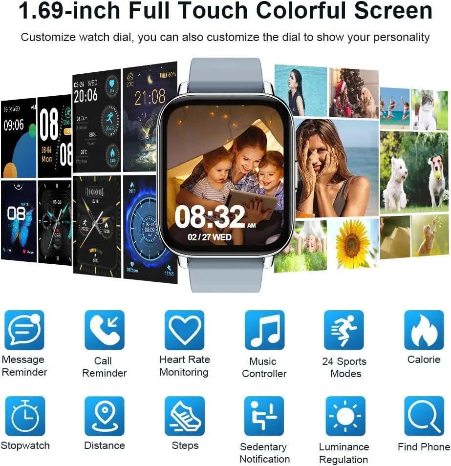 Nerunsa Smart Watch Fitness Tracker 1.69 Inch Touch Screen Heart Rate Monitor Pedometer Sleep Monitor