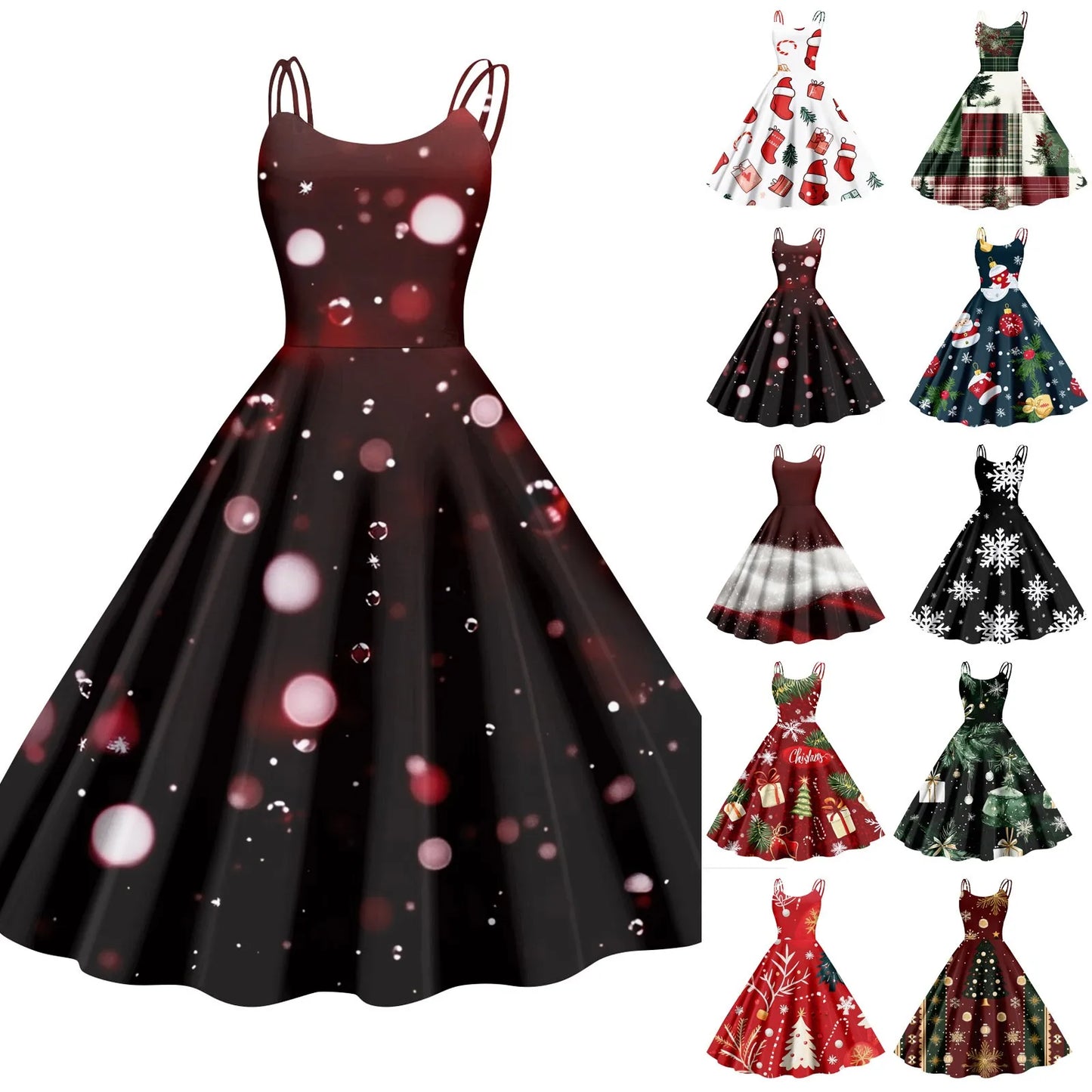 Vintage Santa Print Off Shoulder Christmas Party Dress for Women