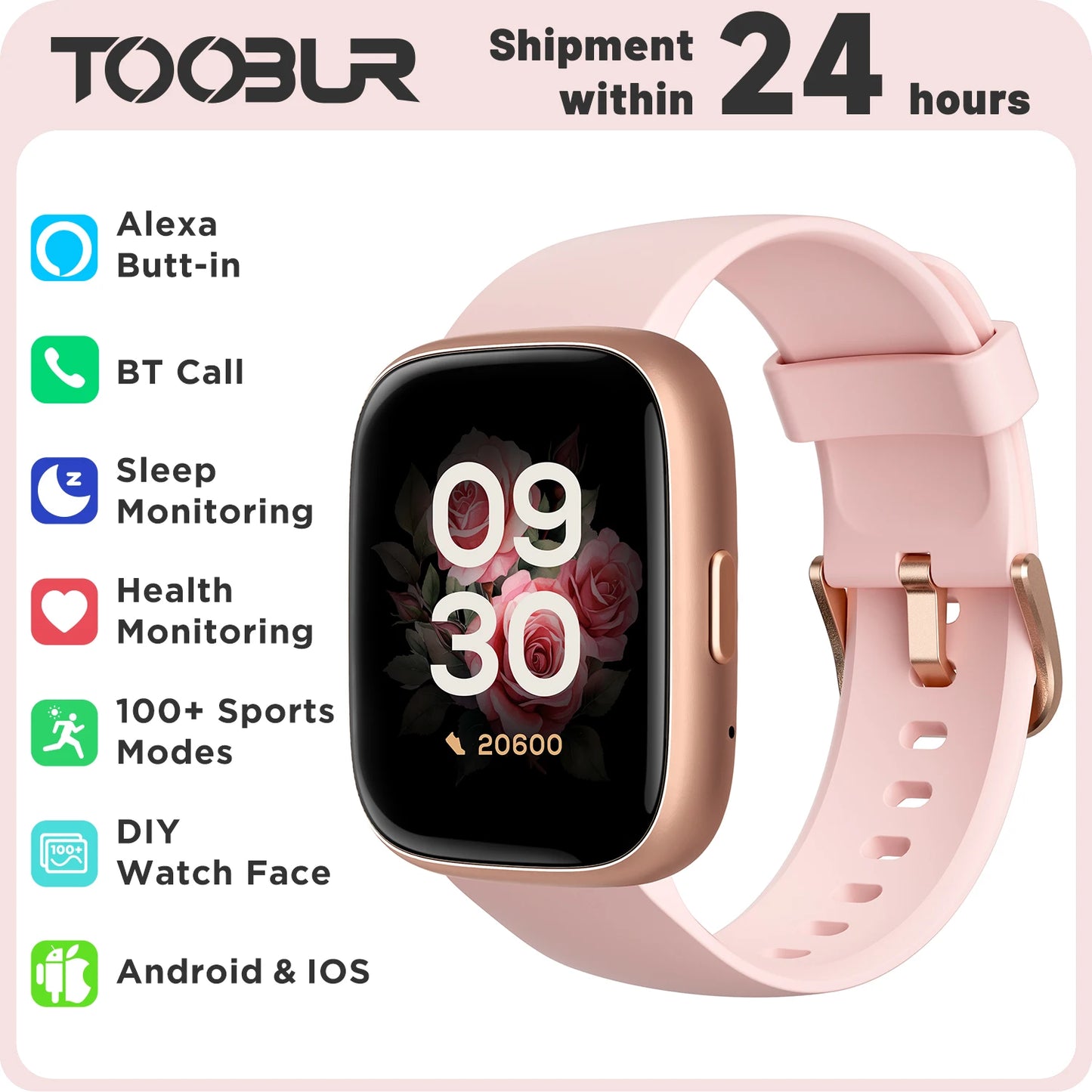 Alexa Built-in TOOBUR Smart Watch Heart Rate Monitor IP68 Waterproof Smartwatch