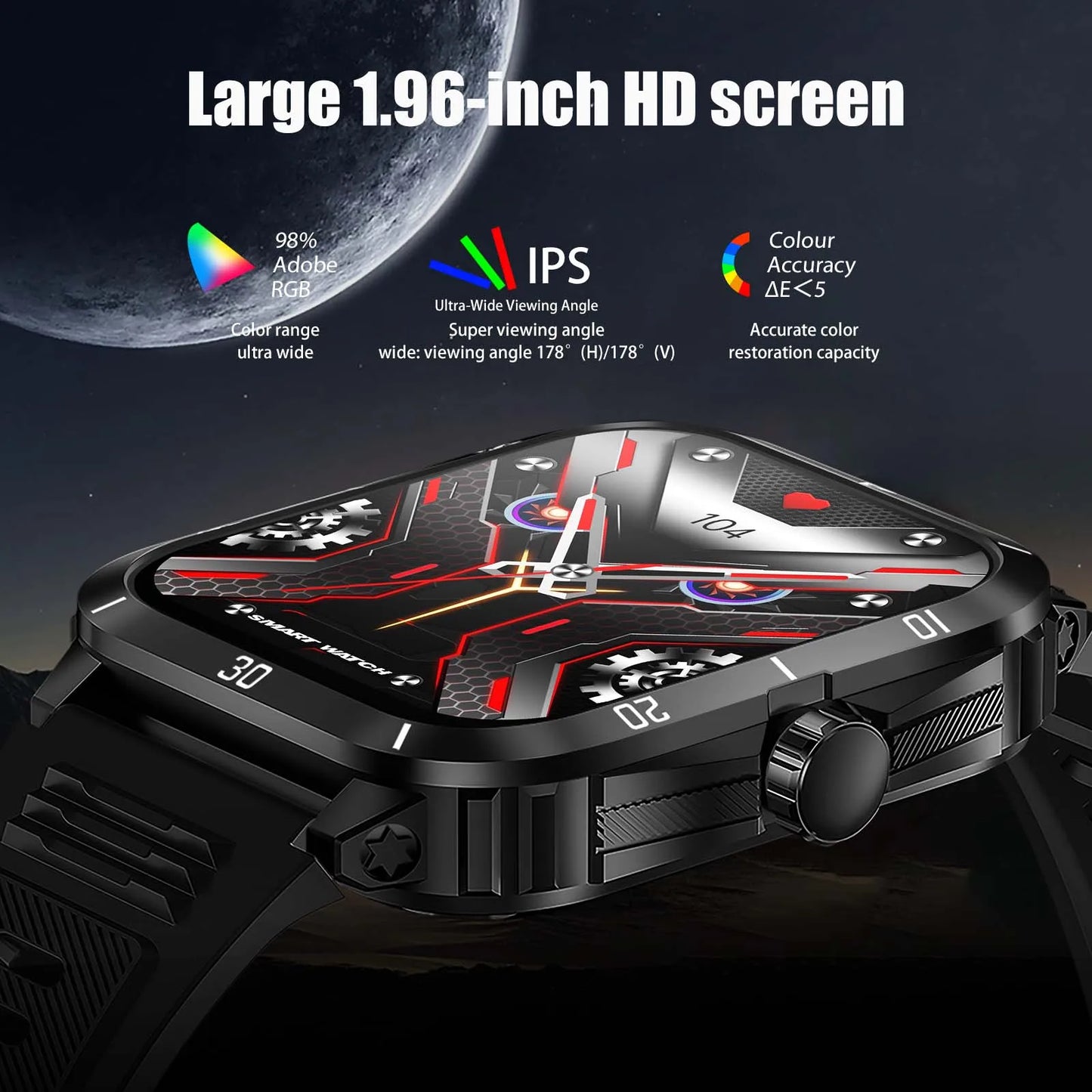 EIGIIS Smart Watch 3ATM Waterproof 1.96 Inch IPS Screen Military KT71 for Men with 100 Plus Sport Modes Heart Rate Blood Pressure Bluetooth Call