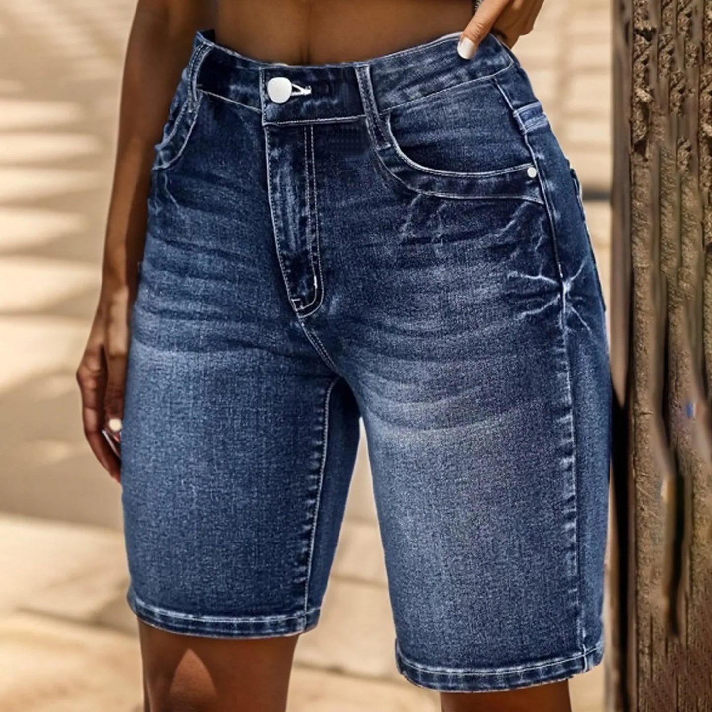 Blue Slim Fit Bermuda Denim Shorts, Single-Breasted Button Whiskered Denim Shorts, Women'S Denim Jeans & Clothing