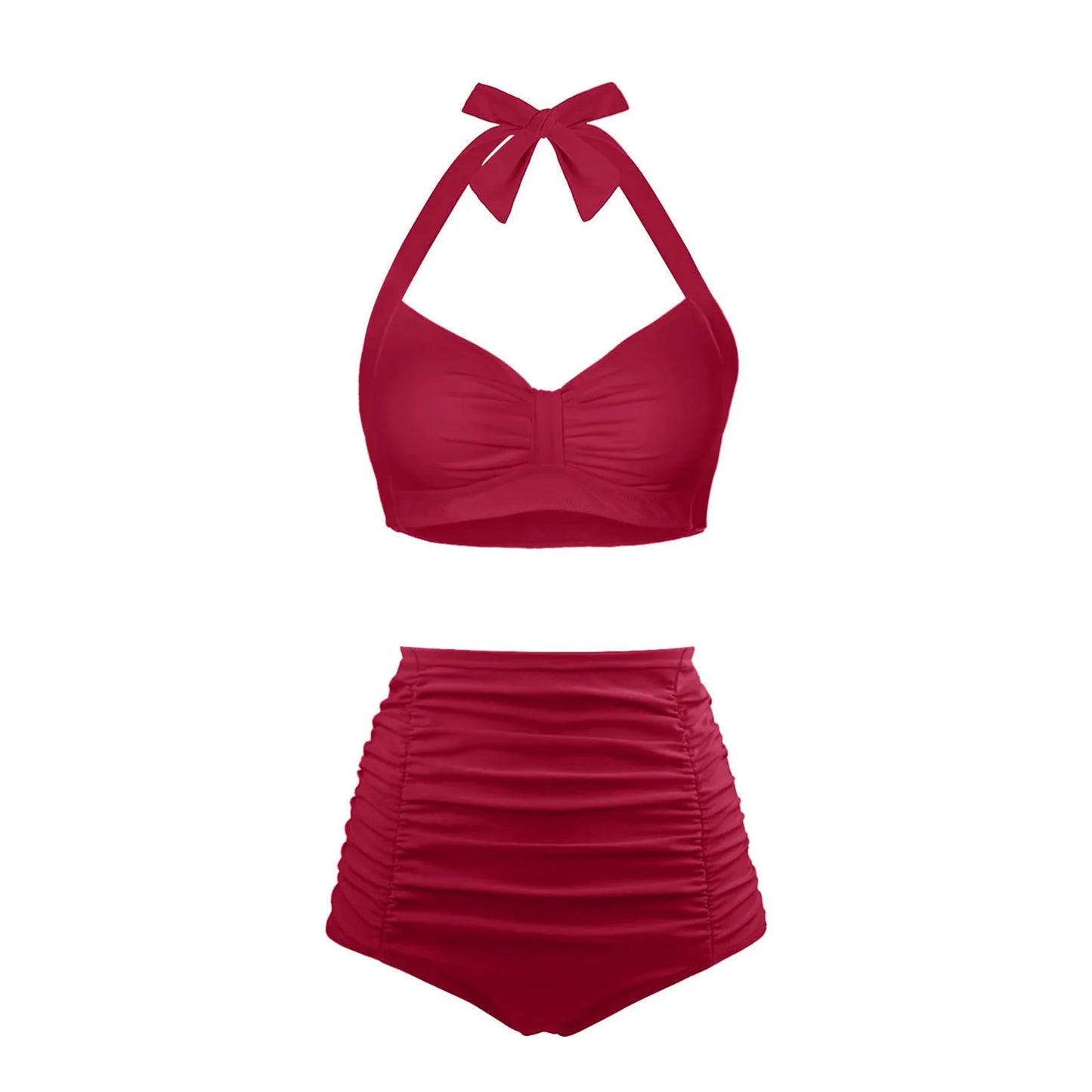 Halter Women High Waisted Swimsuit Polka Dot Sexy Push Up Two Piece Swimwear Retro Ruched Print Bikini Set