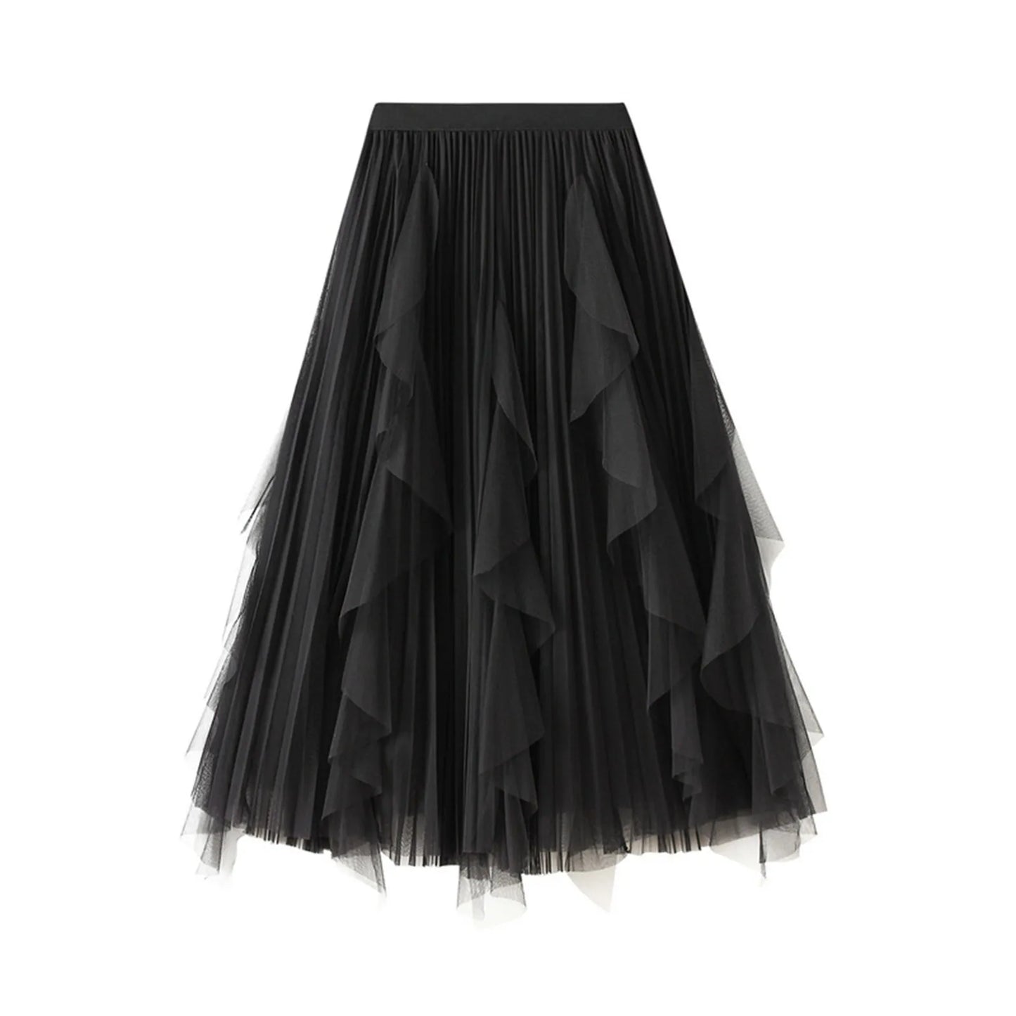 Ladies High Waist Ruffle Tulle Midi Skirt for Summer
