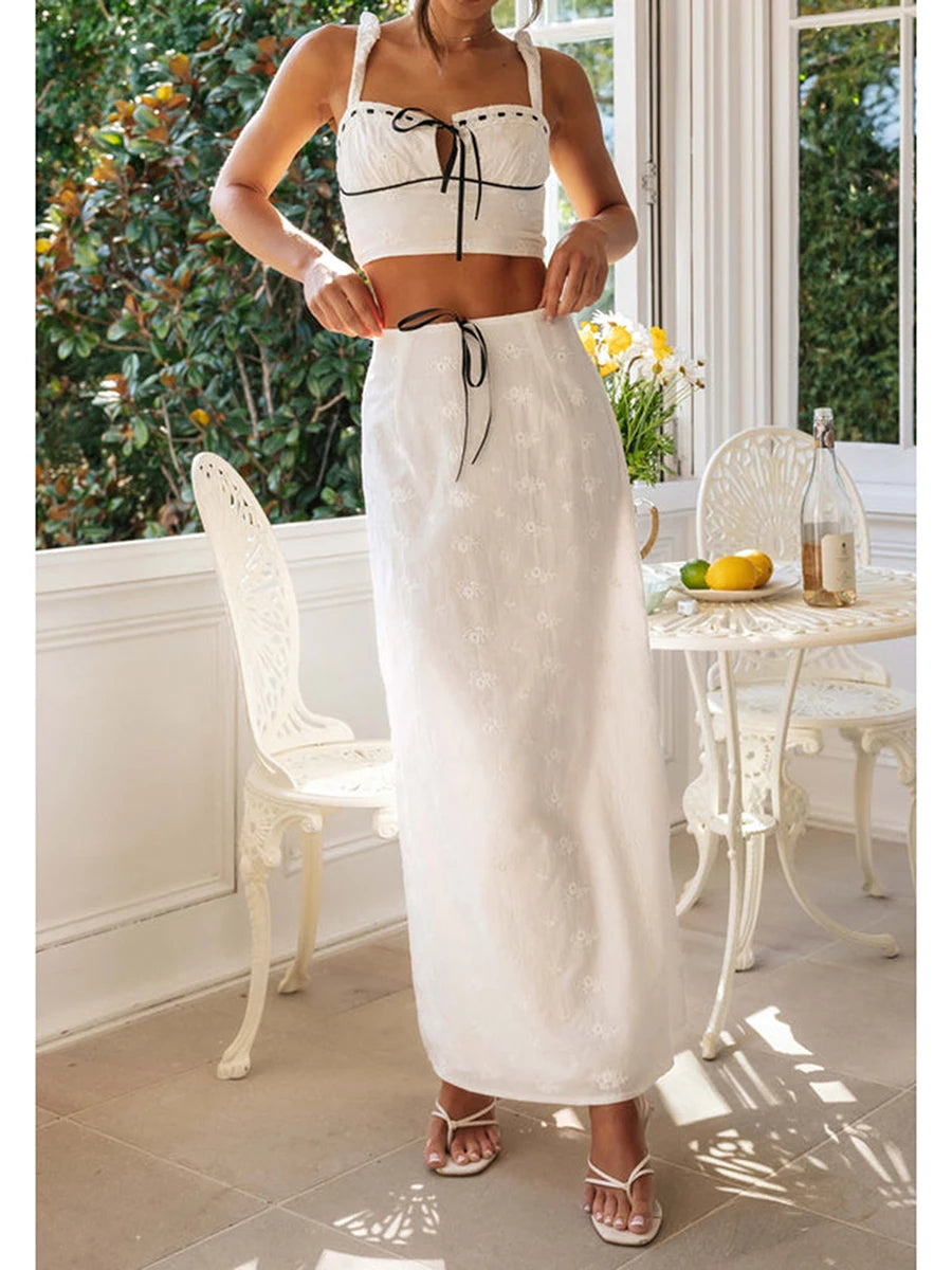 Women’s Summer  Set Embroidered Flower Sleeveless Cami Tops High Waist Black Bows Zipper Long Skirt 2 Pieces Set