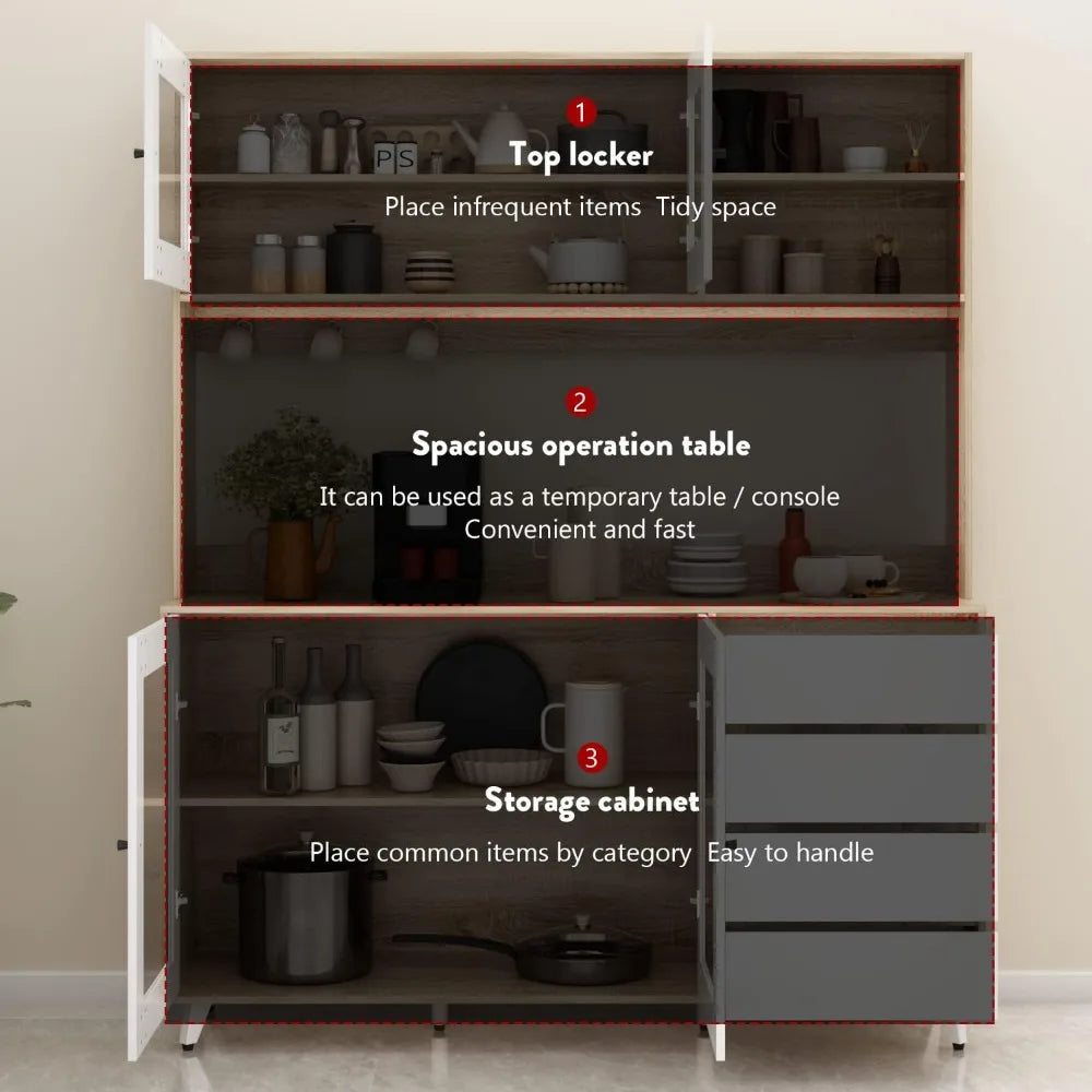 Elegant Kitchen Hutch Cabinet with Glass Doors and Drawers
