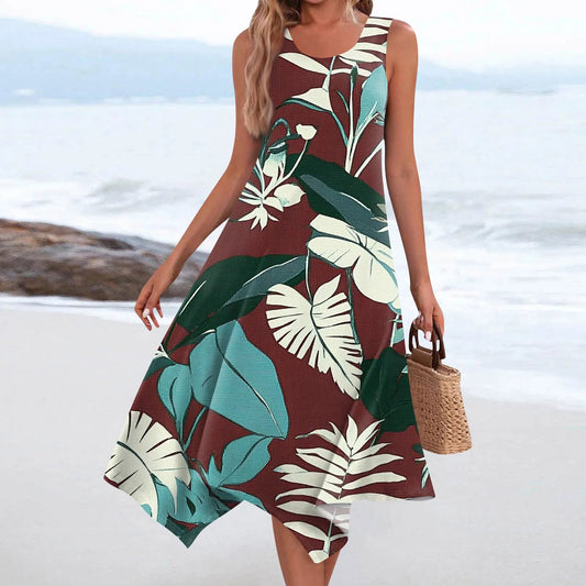 Floral Elegant Women's Casual Fashion Round Neck Sleeveless Print Irregular Hem Midi Dress Female Beach Vestidos Longos