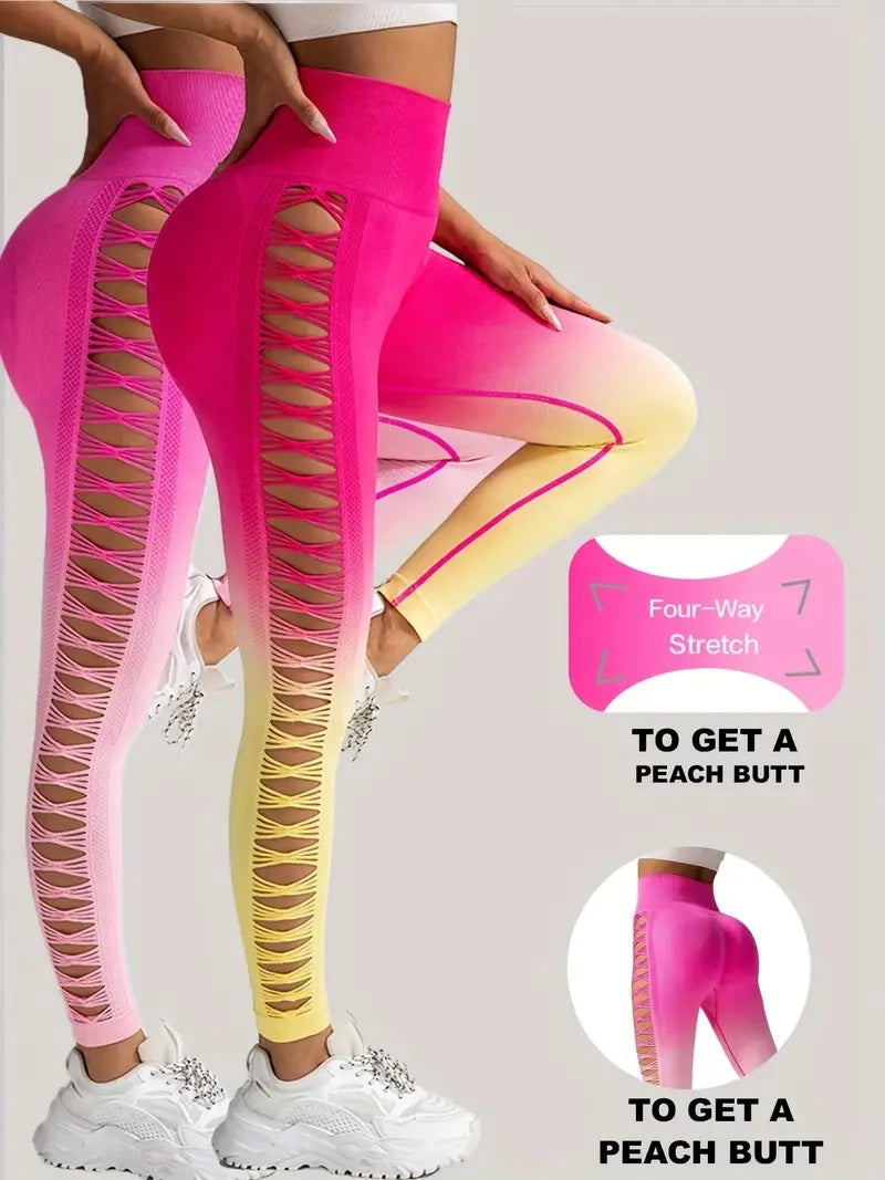 2 Pack US Local Women’s Gradient Hollow Out Yoga Pants High Waisted Tummy Control Buttocks Lift Athletic Leggings