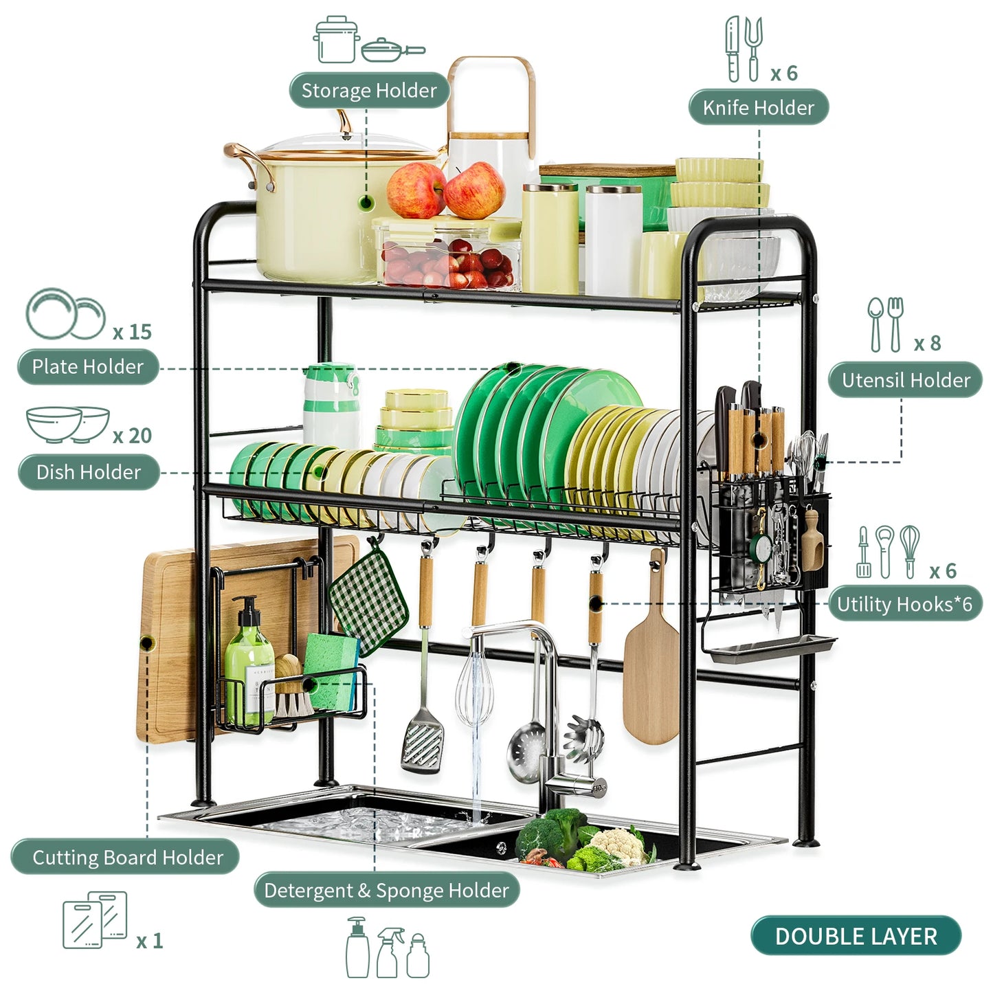 2 Tier Over The Sink Dish Drying Rack For Kitchen