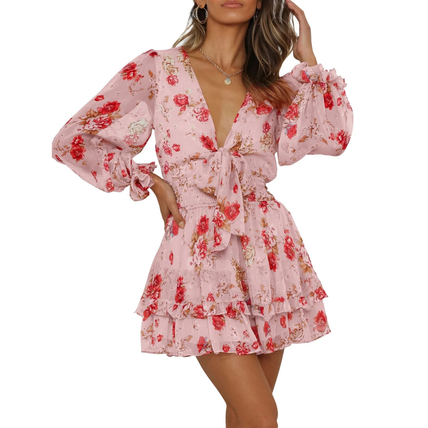 Women Spring Casual Mini Dress Floral Print Deep V-Neck Tie-Up Long Sleeve Sweet Dress Fashion Ruffles Dress
