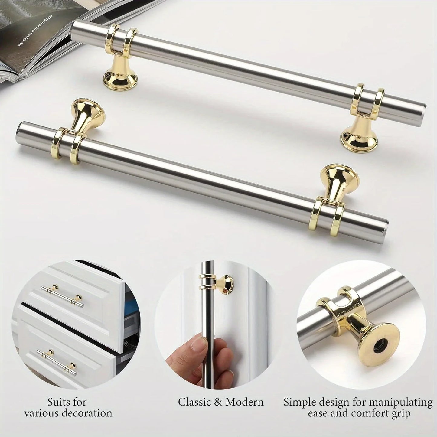 Brushed Nickel Cabinet Pulls and Golden Knobs Set of Ten