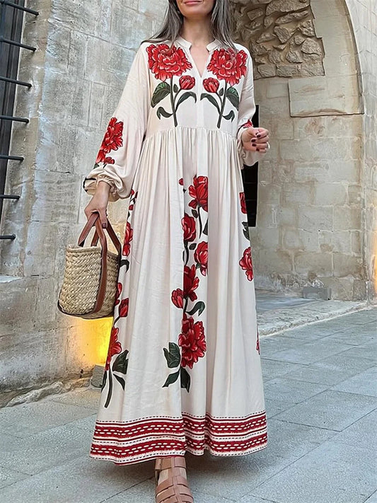 Elegant Floral Print V-Neck Maxi Dress for Casual Fall Style