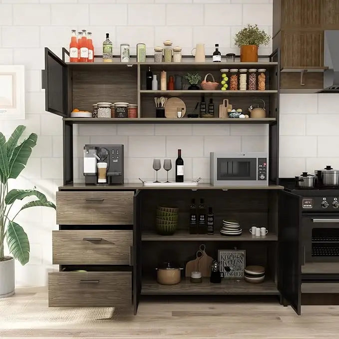 Elegant Kitchen Hutch Cabinet with Glass Doors and Drawers